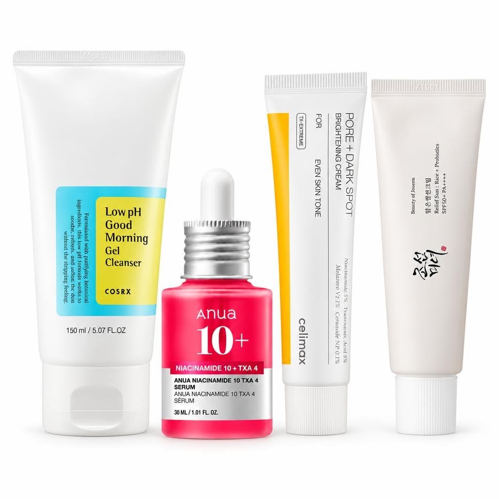 روتين كامل ضد التصبغات والبقع: غسول Low pH + سيروم Niacinamide 10% + TXA 4% + كريم Brightening + واقي شمسي Relief Sun SPF50+ PA++++ — البشرة