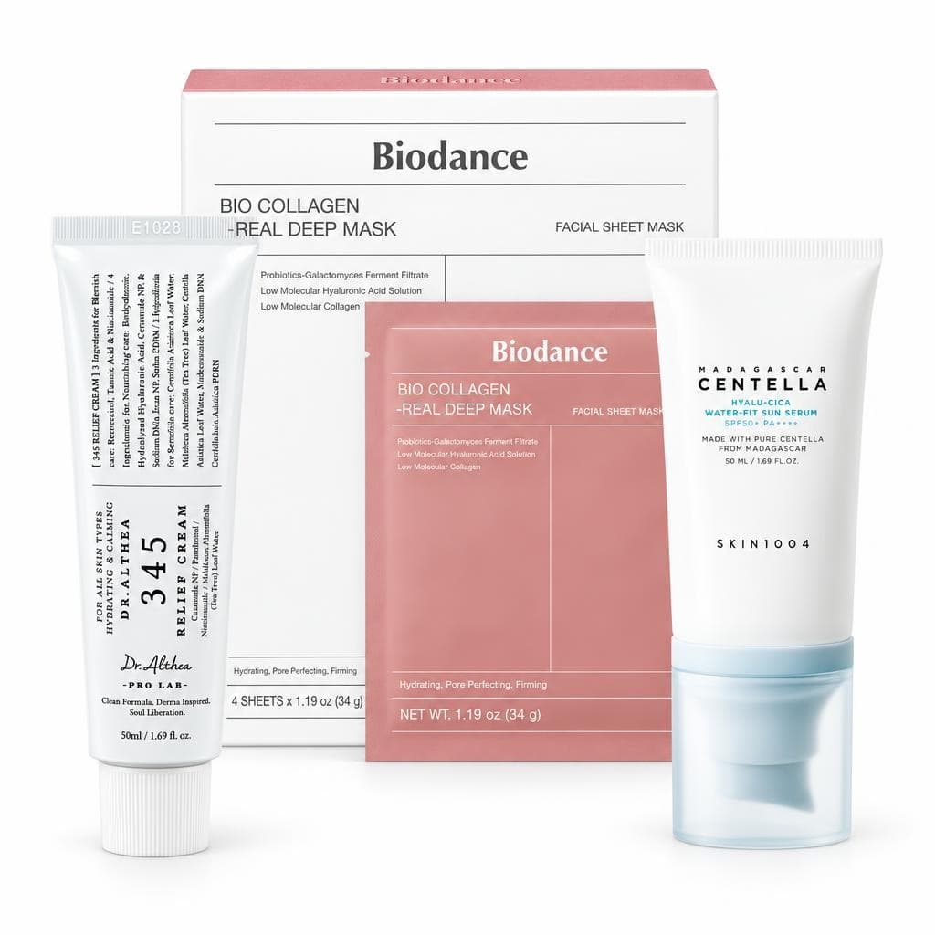 روتين البشرة الزجاجية Glass Skin للعناية بالوجه — باقة من ثلاث خطوات: 345 Relief Cream وWater-Fit Sun Serum SPF50+ وBio-Collagen Real Deep Mask — البشرة
